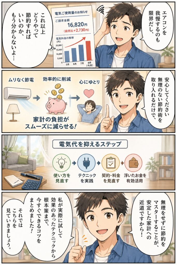 今日から実践できる電気代の節約方法7選！固定費を根本から見直す具体策の導入文を説明する画像