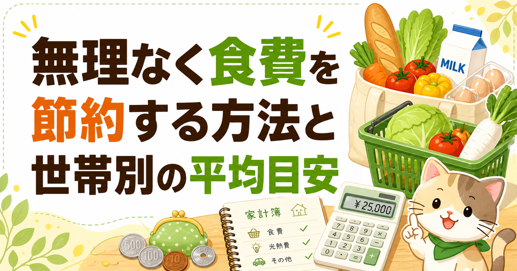 無理なく食費を節約する方法と世帯別の平均目安を解説のアイキャッチ画像