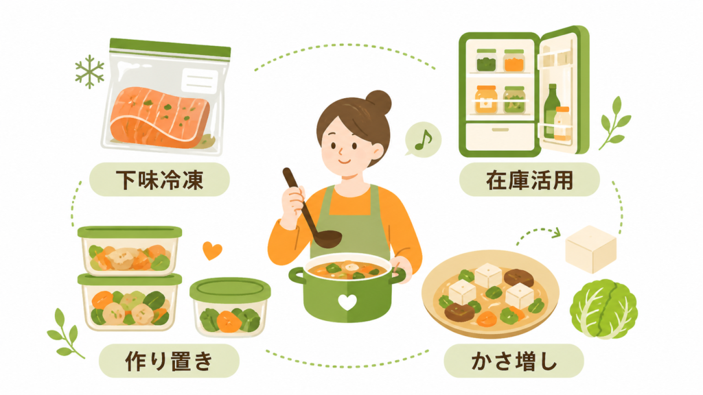 自炊で食費を減らす4つの調理テクニックの図解画像