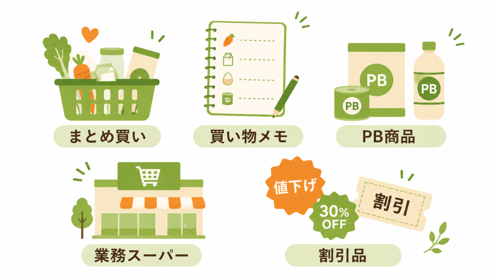 買い物で食費を抑える5つの節約術の図解画像