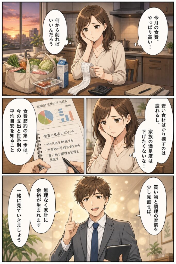 食費が高すぎて困る？無理なく食費を節約する方法と世帯別の平均目安を解説の導入文の画像
