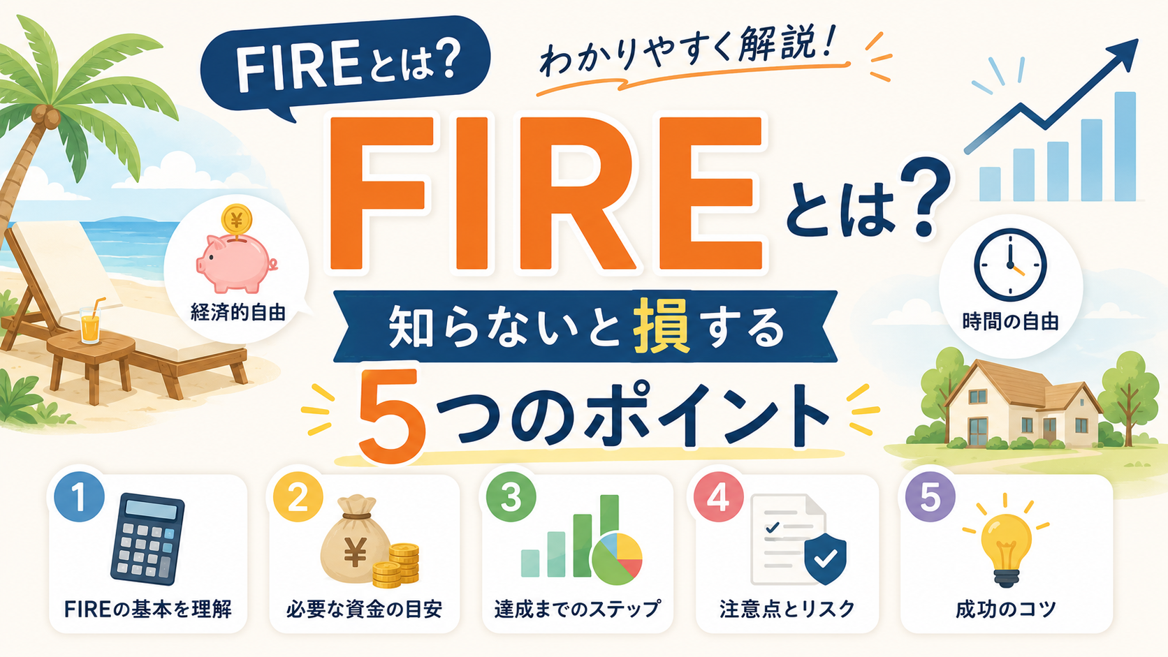 FIREとは？わかりやすく解説！知らないと損する5つのポイントのアイキャッチ画像